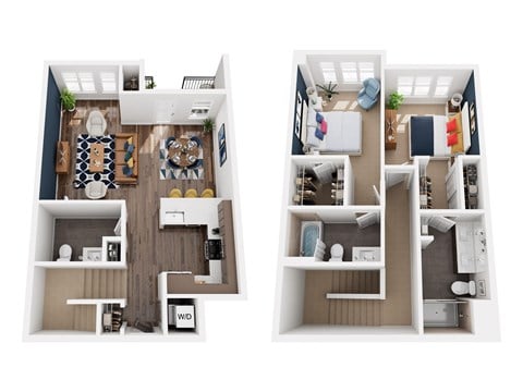 Floor plan for 2 beds, 2.5 baths, 1266 sqft